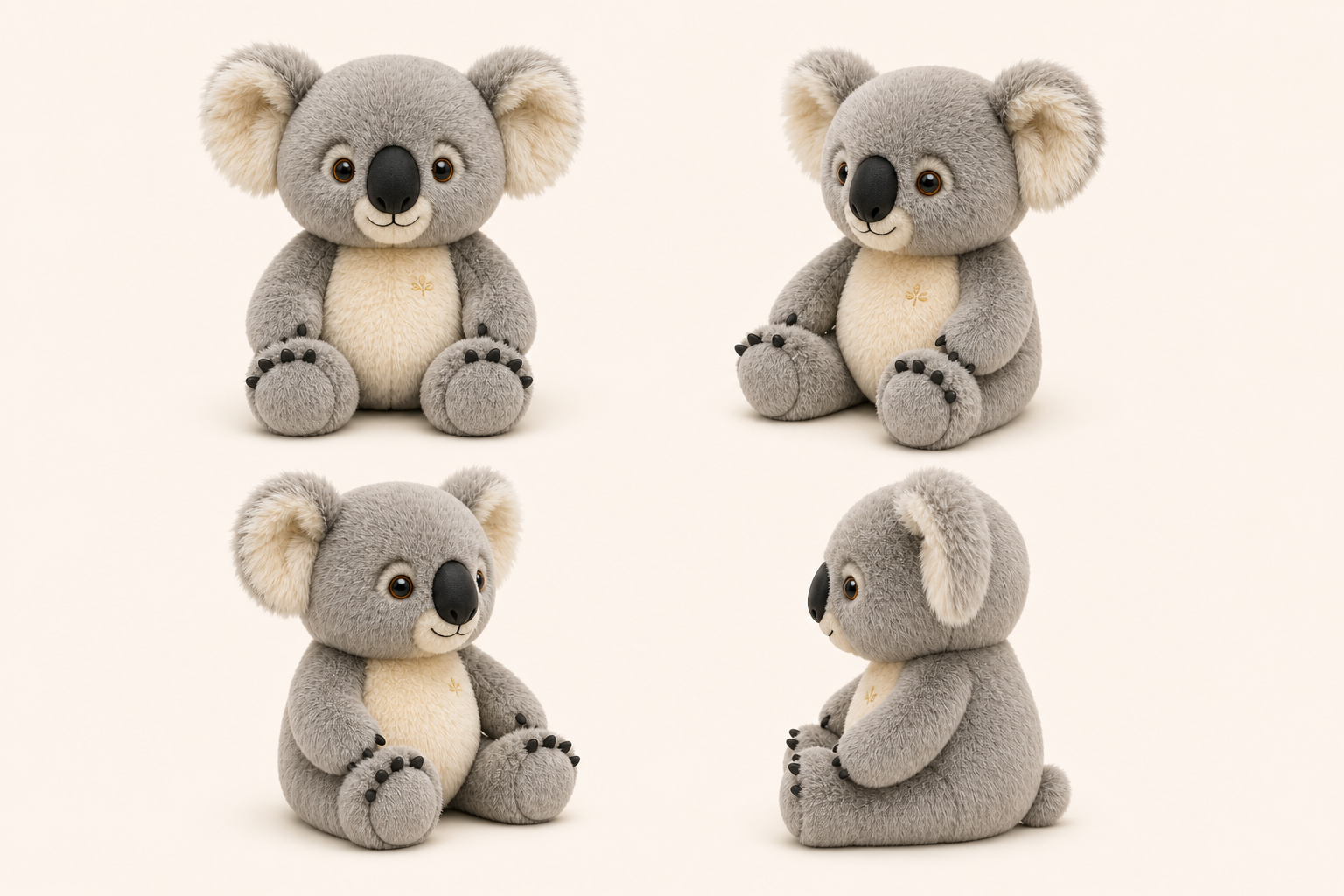 Four product views of the Koa koala-inspired plush companion