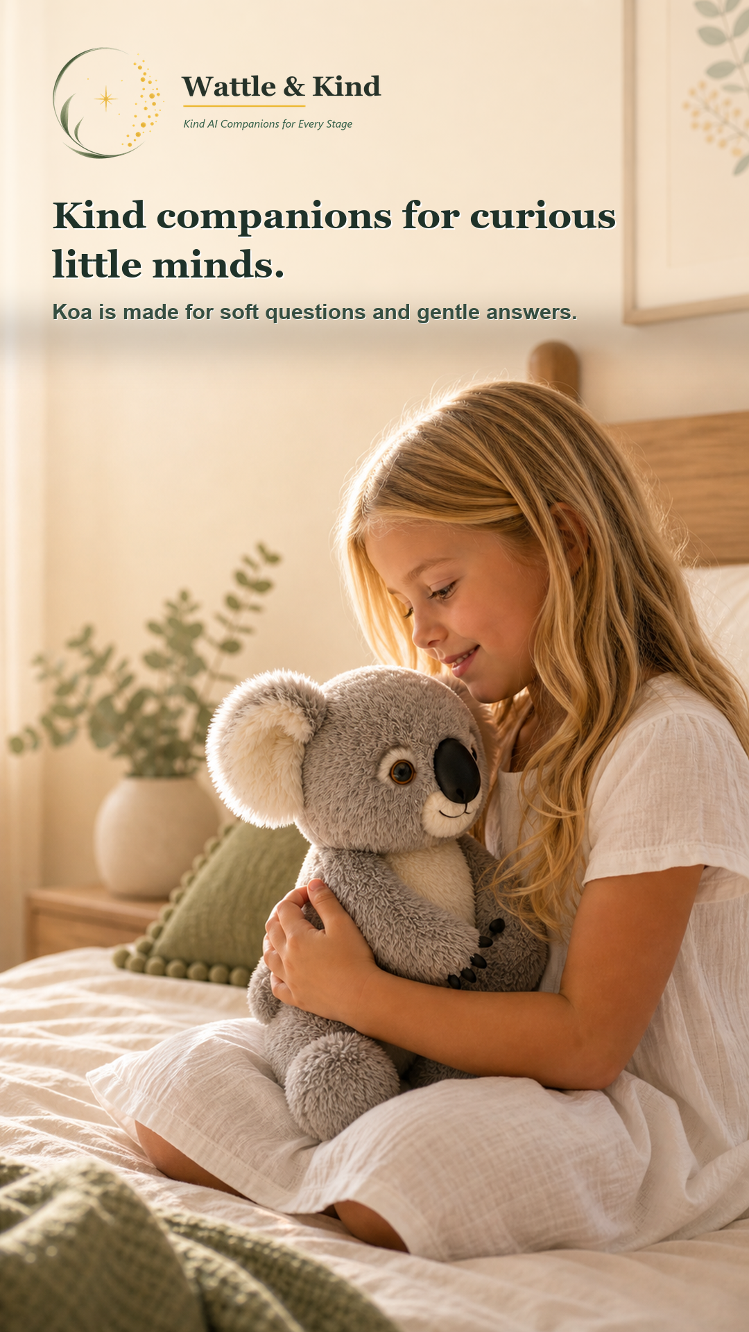 Child holding Koa during a close conversation moment