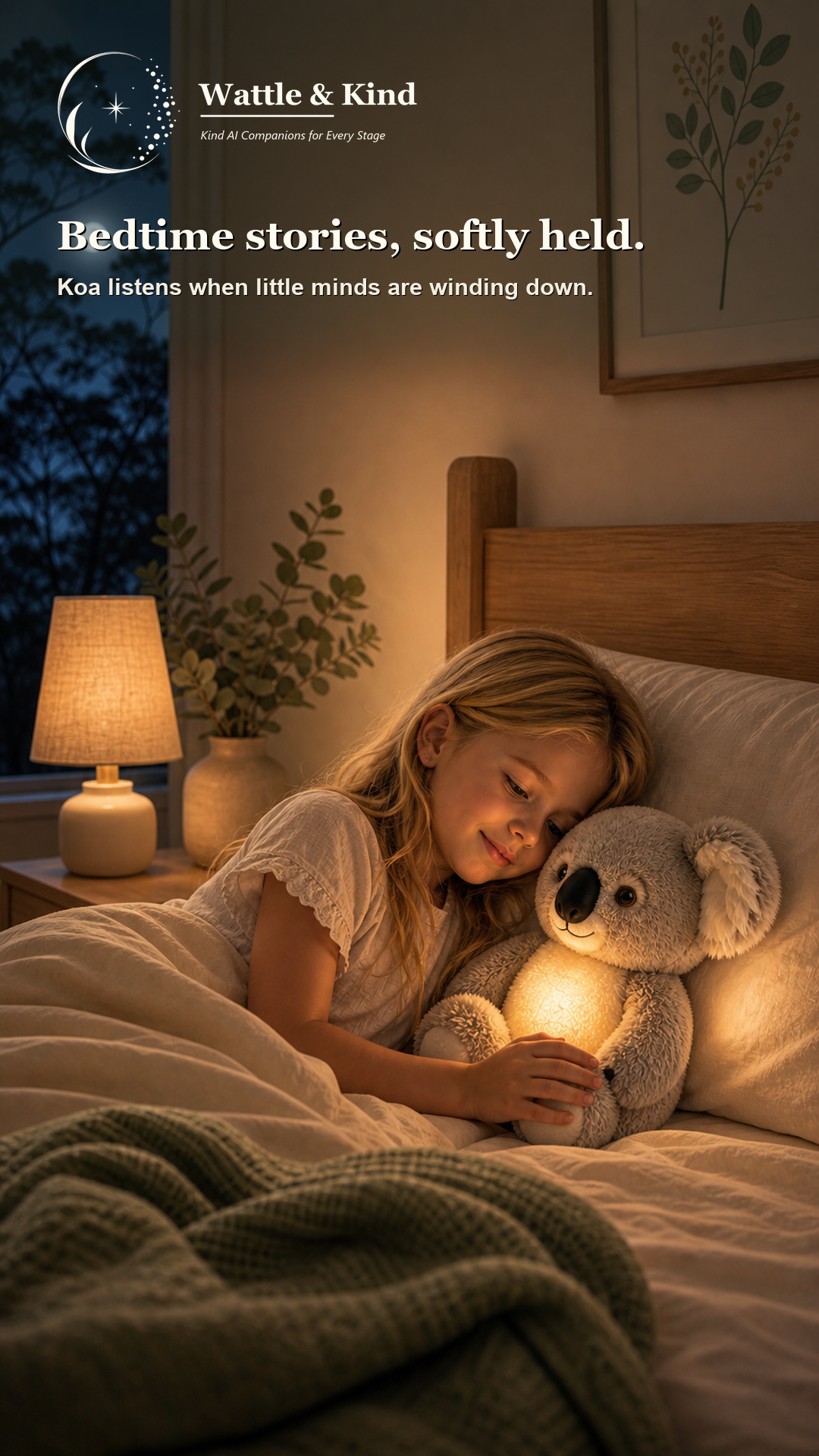 Koa bedtime story moment in a calm bedroom
